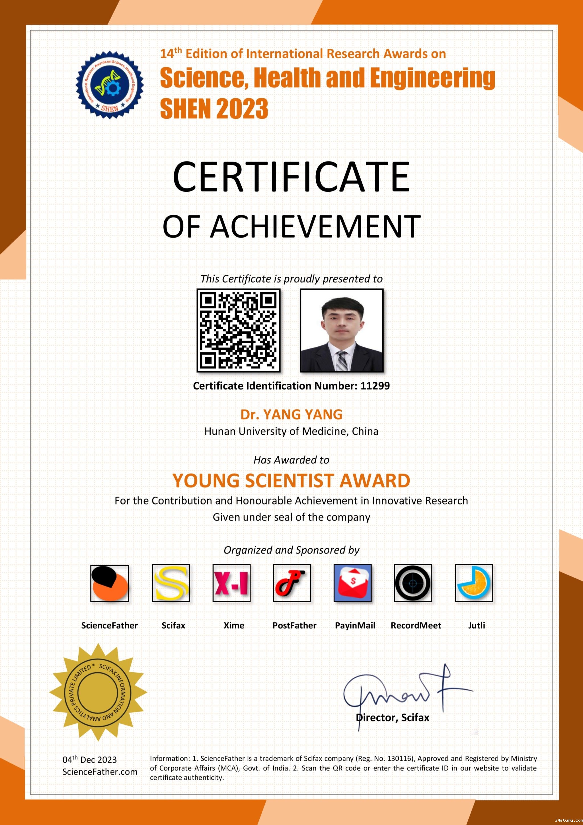 我校青年教师杨洋博士斩获第十四届“International Research Awards on Science, Health and Engineering 2023”青年科学家奖